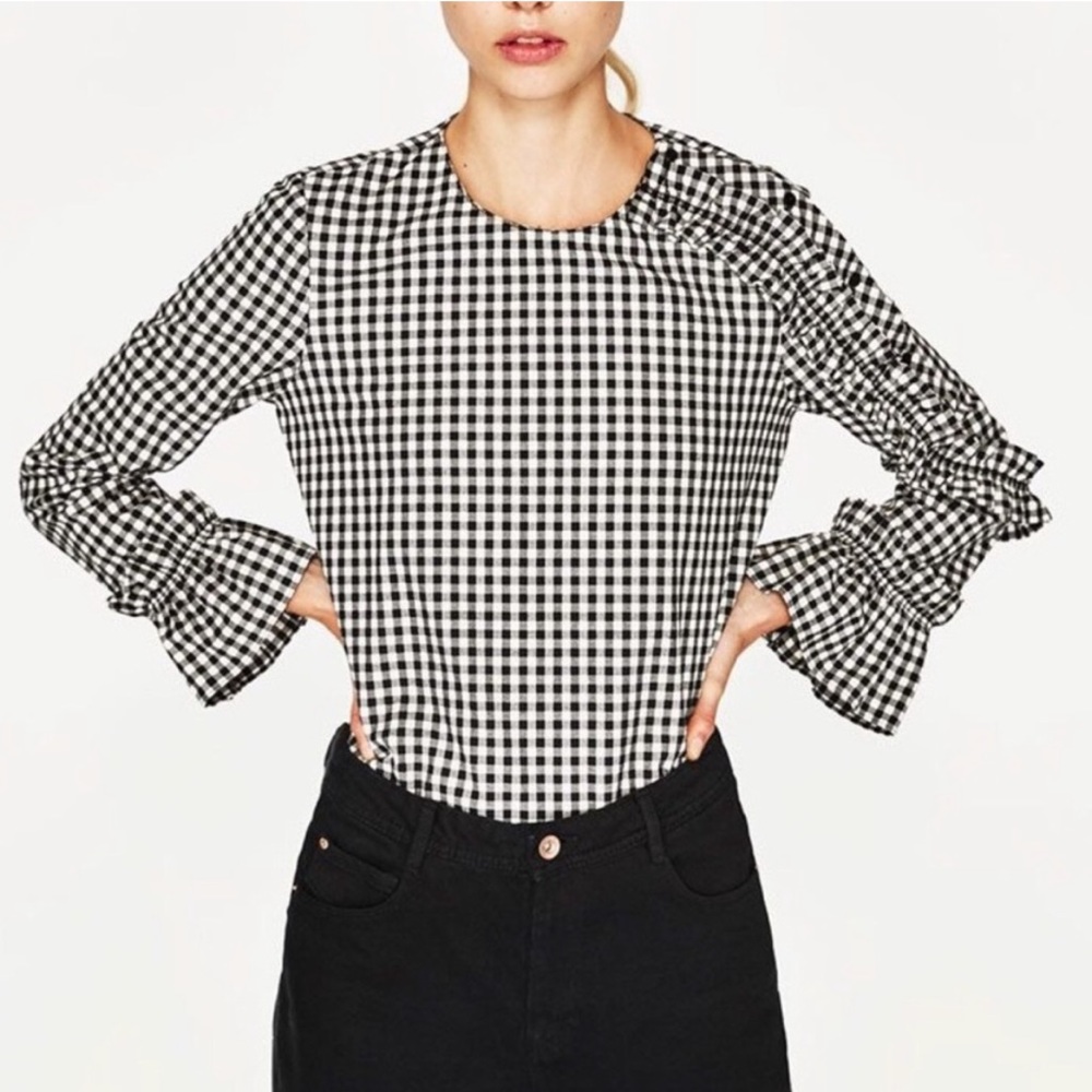 Zara gingham ruffle long sleeve blouse xs